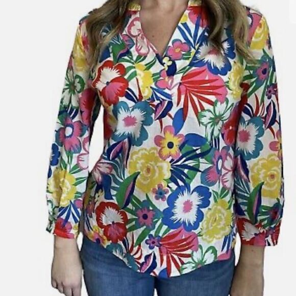 Boden Floral woven V Neck Popover 100% cotton blouse- EUC Size 4 - Picture 4 of 12